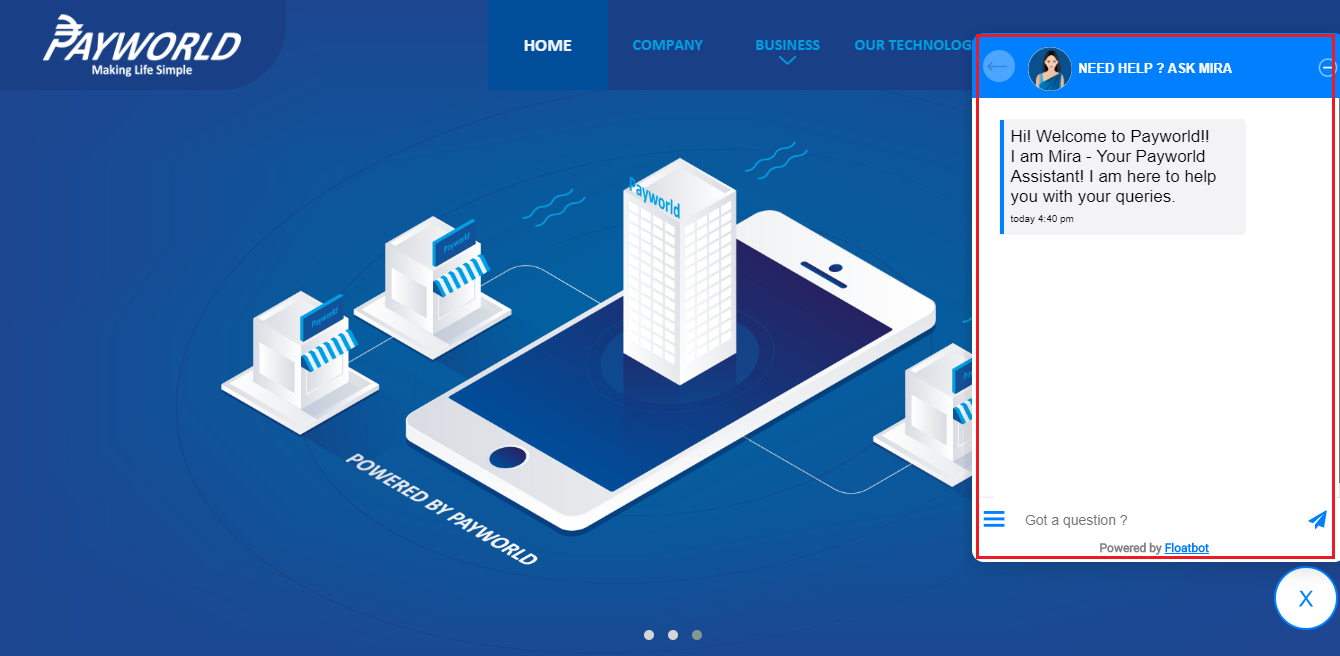 chatbot on payworld website